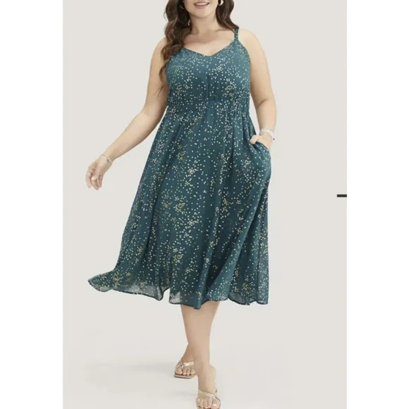 Emerald green with gold foil stars midi sleeveless dress - Picture 1 of 13